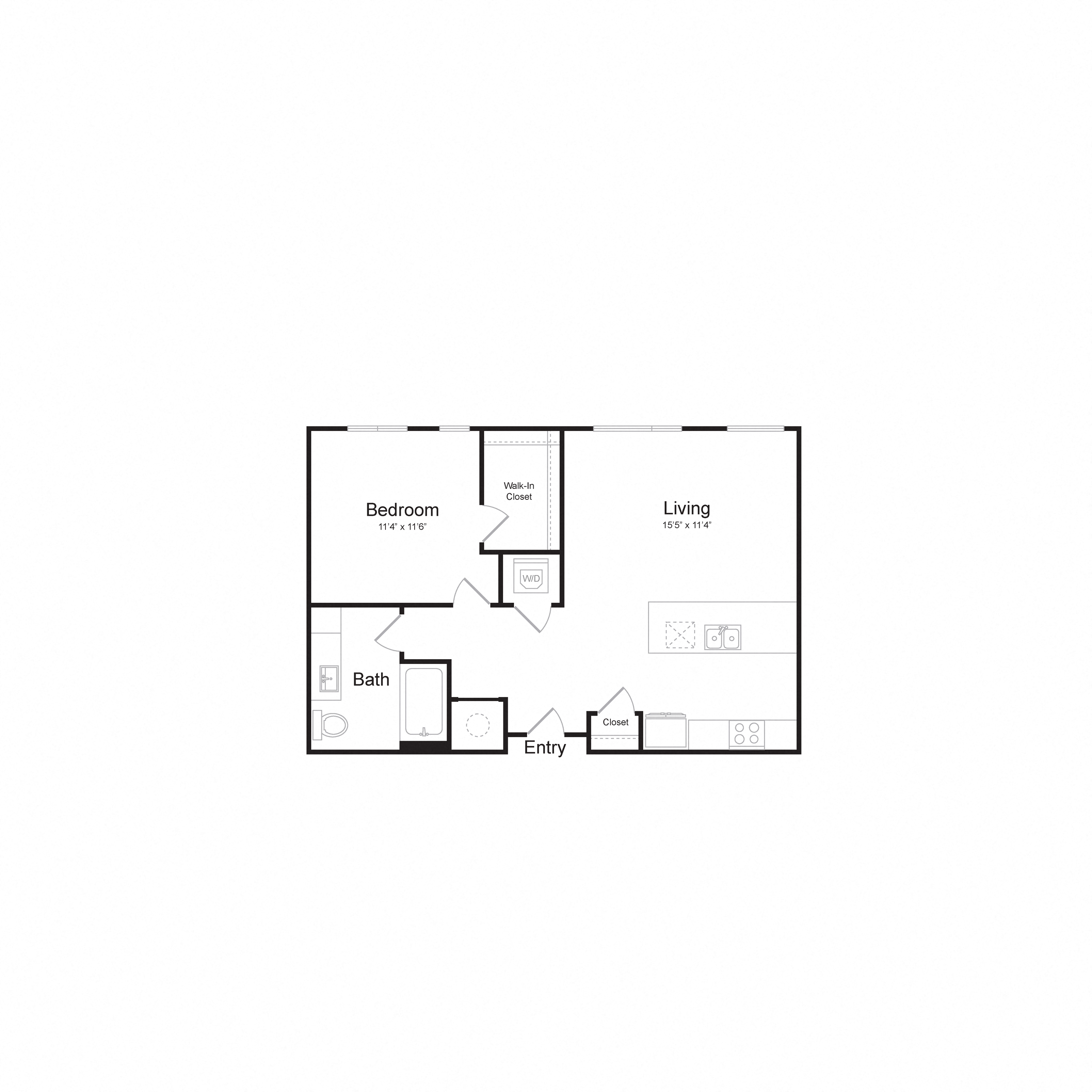Floor plan for 1 bed, 1 bath, 729 sqft